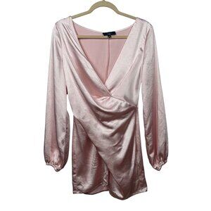 Lulus S Pink Satin Long Sleeve Wrap Surplice Mini Dress Coquette Barbiecore
